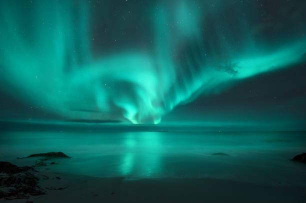 Aurora borealis over the sea.